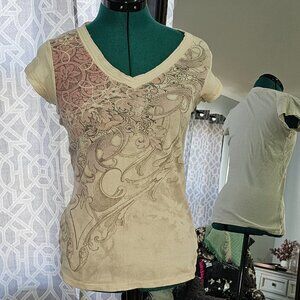 Mudd Black Patterned Short‑Sleeve Top – Size L